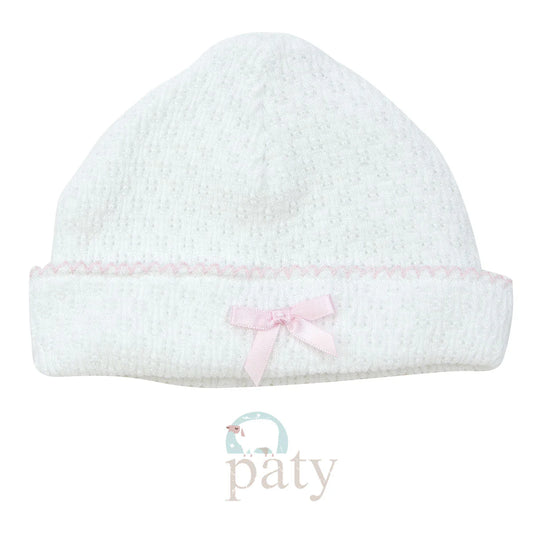 Knit Beanie- White w/ Pink Trim & Pink Bow