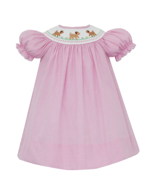 Girls Pink Smocked Puppies Bishop Dress