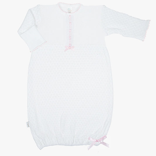 Long Sleeve White Knit Gown w/ Pink Eyelet