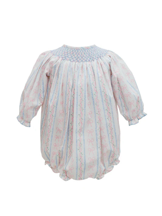 Floral Stripe & Bows Long Sleeve Smocked Bishop Bubble