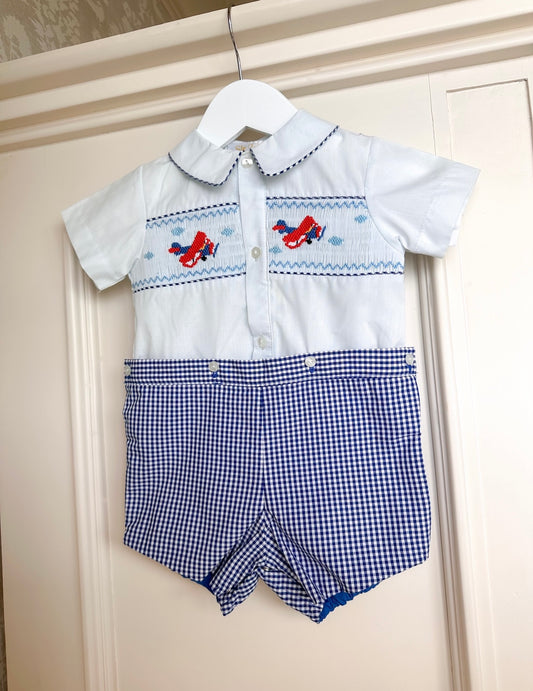 Blue Airplane Hand-Smocked Button-On Romper