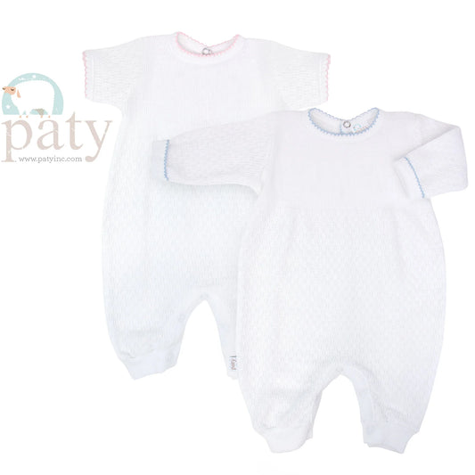 Knit Romper- White w/ Blue Trim