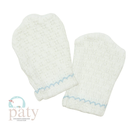 Knit Mittens- White w/ Blue Trim
