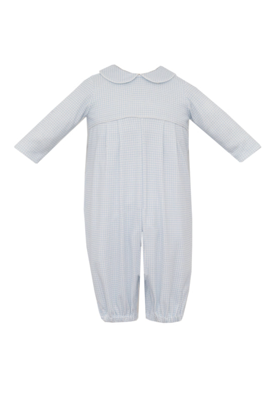 Boys Light Blue Gingham Knit Long Romper