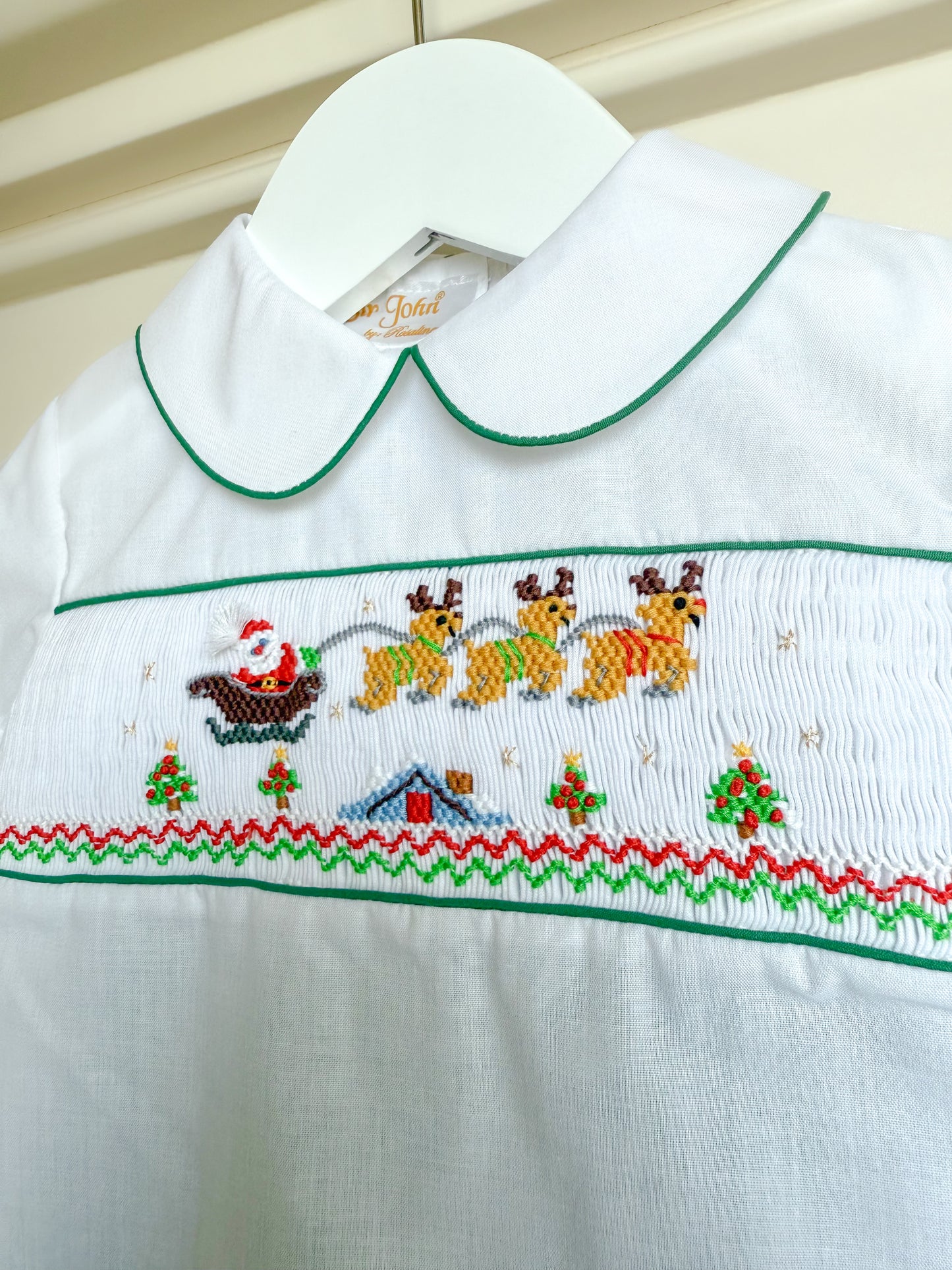 Flying Santa & Reindeer over Rooftop Smocked White Shirt & Green Pants
