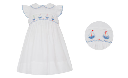 Girls Sailboat Smocked Dress w/ Collar- White Poplin