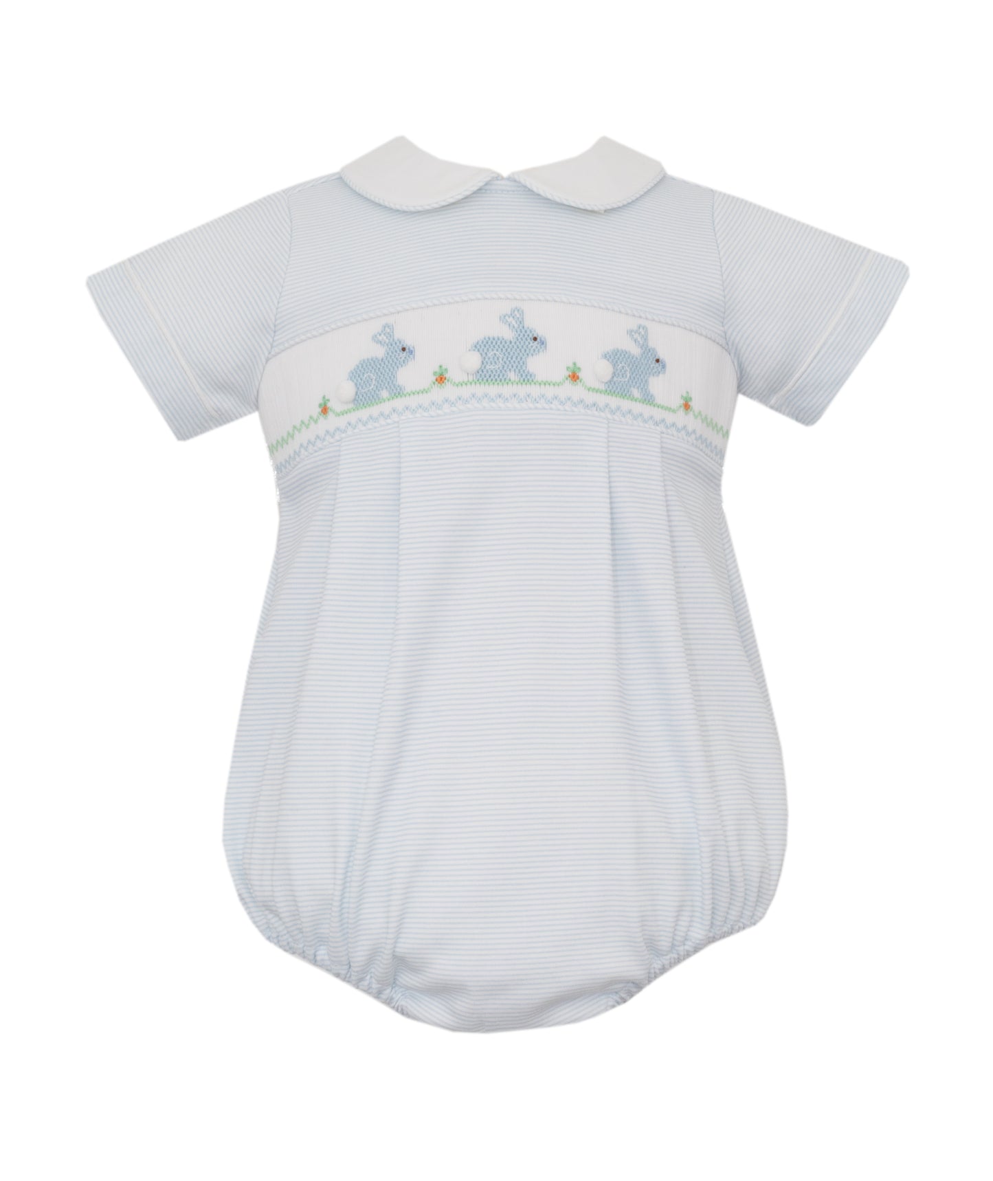 Knit Bunny Bubble- Light Blue Stripes w/ Hand-Smocked Bunnies