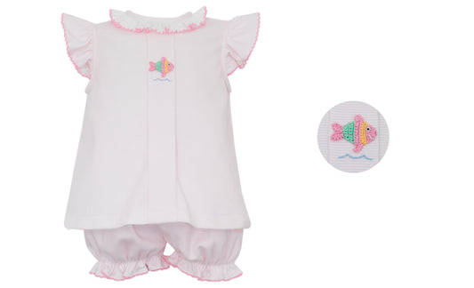 Girls Pink Stripe Knit Bloomer Set w/ Hand Embroidered Fish