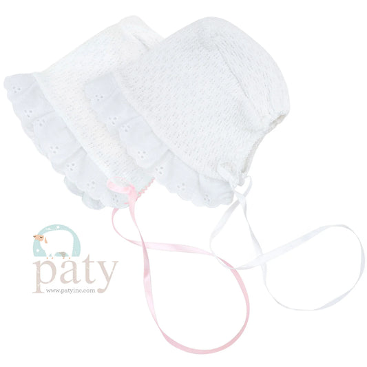 Knit Bonnet- White w/ Pink Ribbon
