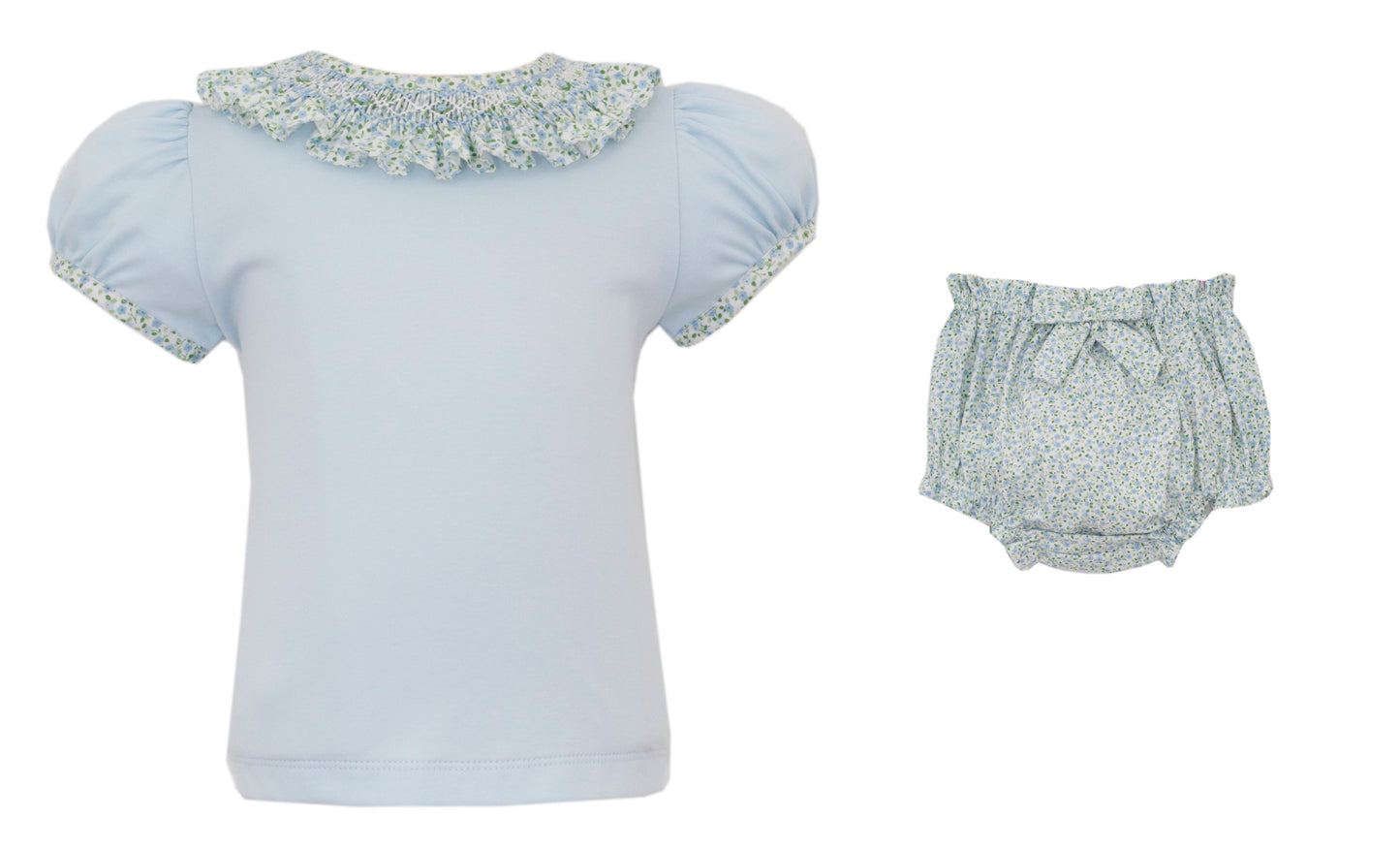 Blue Floral Bloomer Set w/ Smocked Ruffle Collar