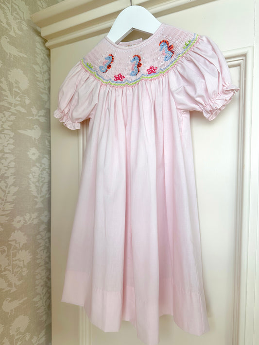Seahorse Smocked Bishop Dress- Light Pink