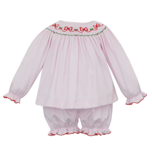 Red Smocked Bows Light Pink Knit Bloomer Set