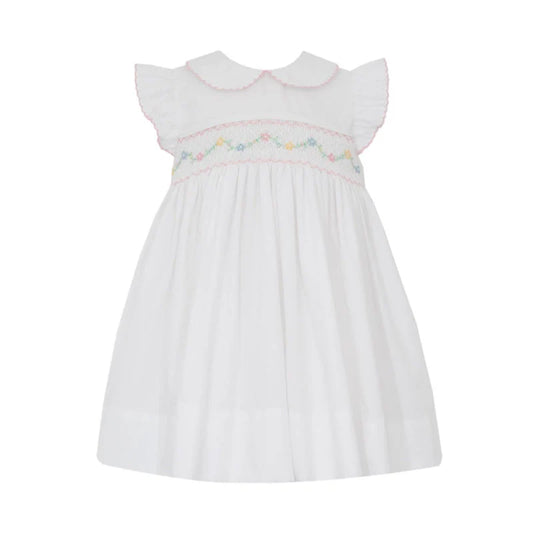 Florence White Poplin Smocked Angel Wing Dress w/ Collar