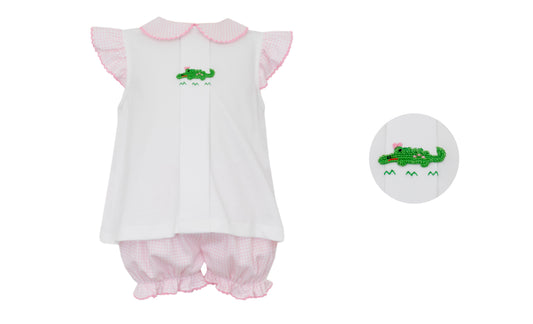 Girls Pink Gingham Knit Bloomer Set w/ Hand Embroidered Alligator