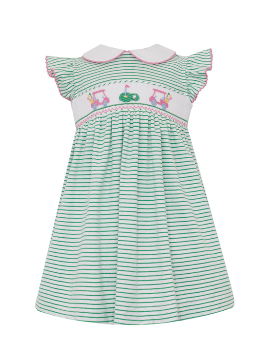 Girl’s Golf Green Stripe Smocked Dress w/ Collar