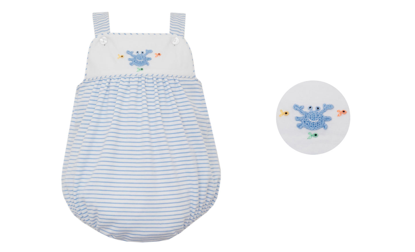 Boys Light Blue Stripe Knit Bubble w/ Hand Embroidered Crab
