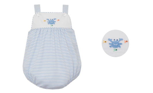 Boys Light Blue Stripe Knit Bubble w/ Hand Embroidered Crab
