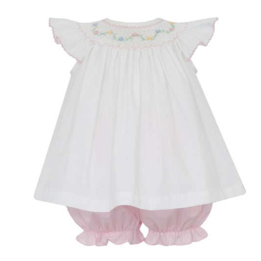 Florence White Poplin Bishop Smocked Bloomer Set w/ Pink Bloomers