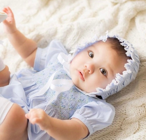 Diamond Smocked Rosebud Bubble- Light Blue