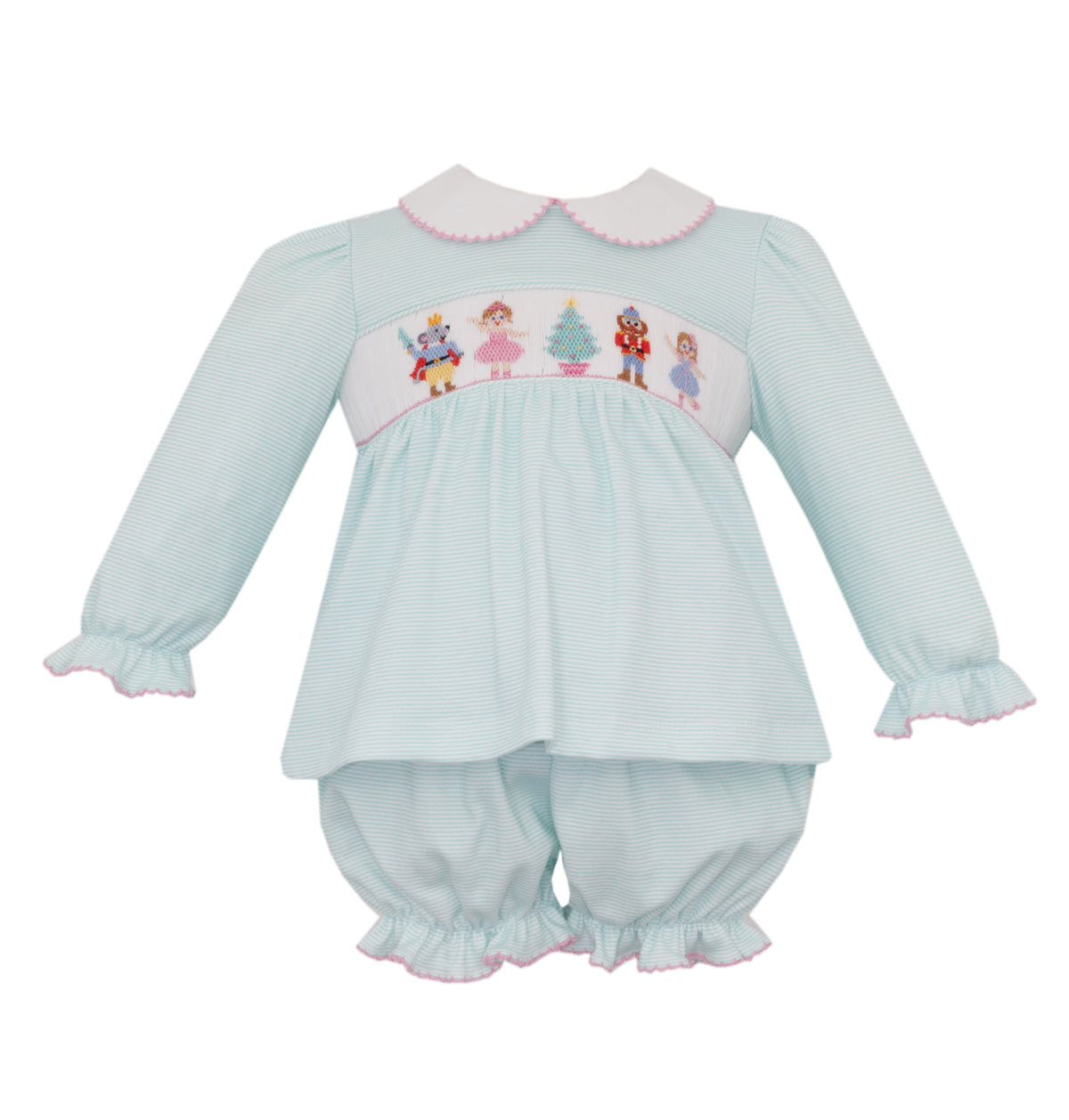 Aqua Knit Nutcracker Smocked Bloomer Set w/ Collar
