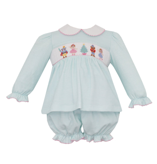 Aqua Knit Nutcracker Smocked Bloomer Set w/ Collar