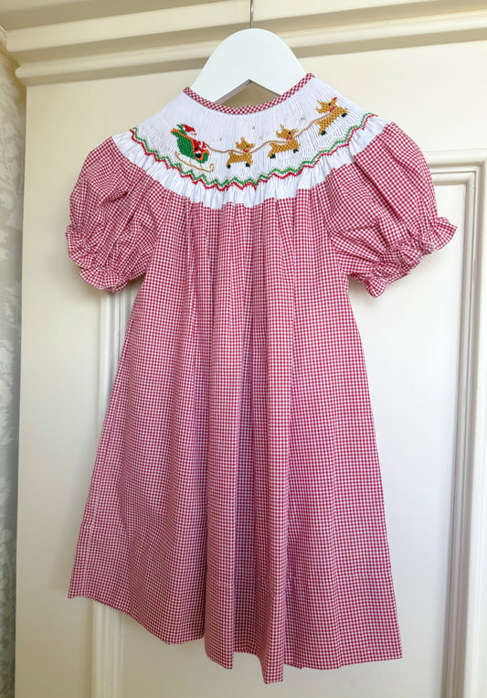 Flying Santa & Reindeer over Rooftop Smocked Bishop Dress