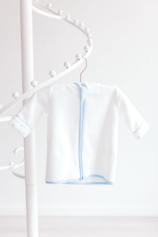 Baby Bathrobe- White w/ Blue Dots