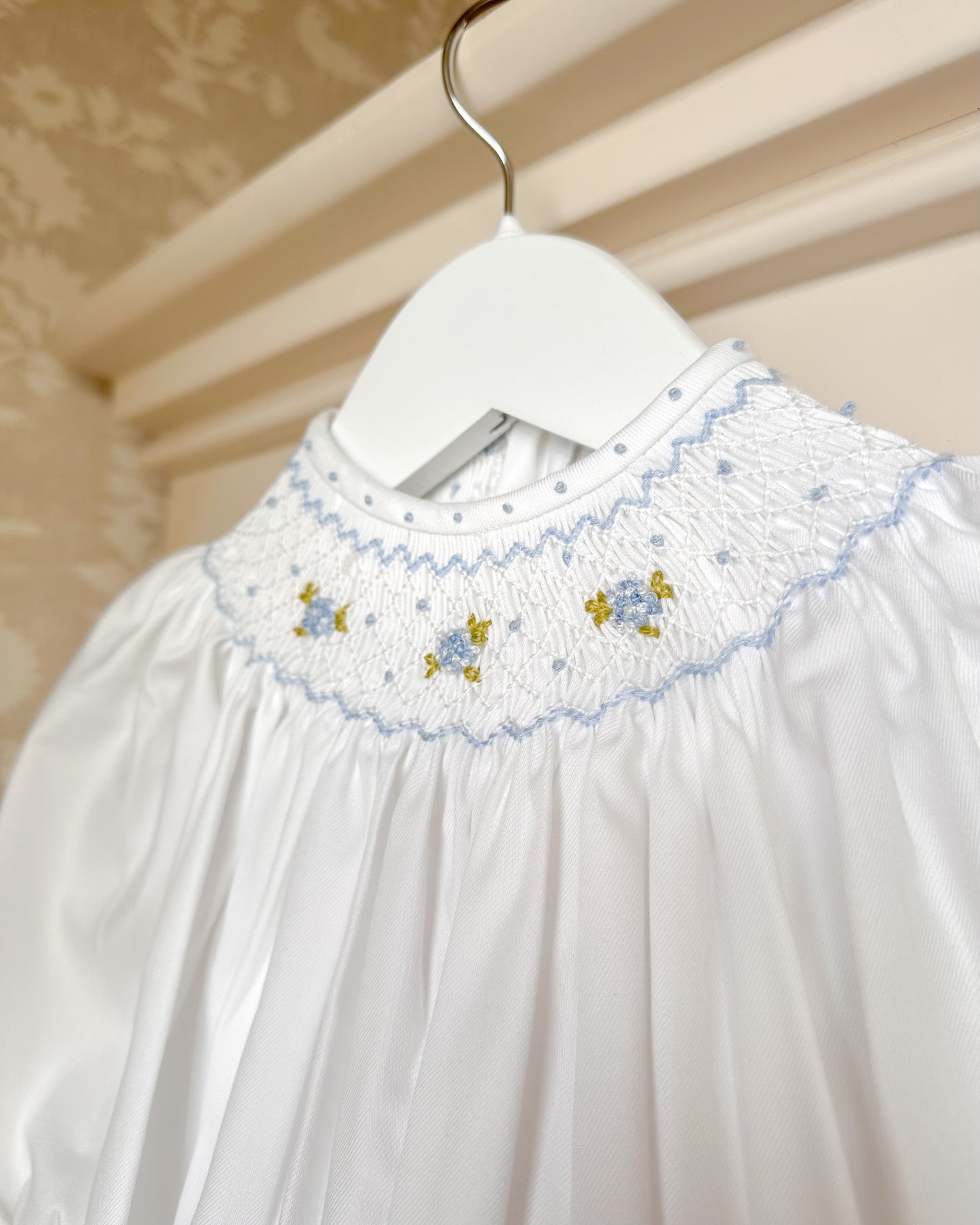 Classic Feston Hand-Smocked Bishop Dress- Light Blue & White