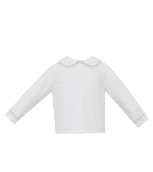 Boys Peter Pan Collar Long Sleeve Shirt (White w/ Light Blue Piping)