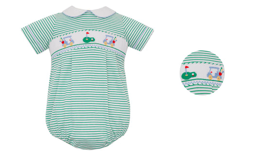 Boy’s Golf Smocked Bubble- Green Stripe