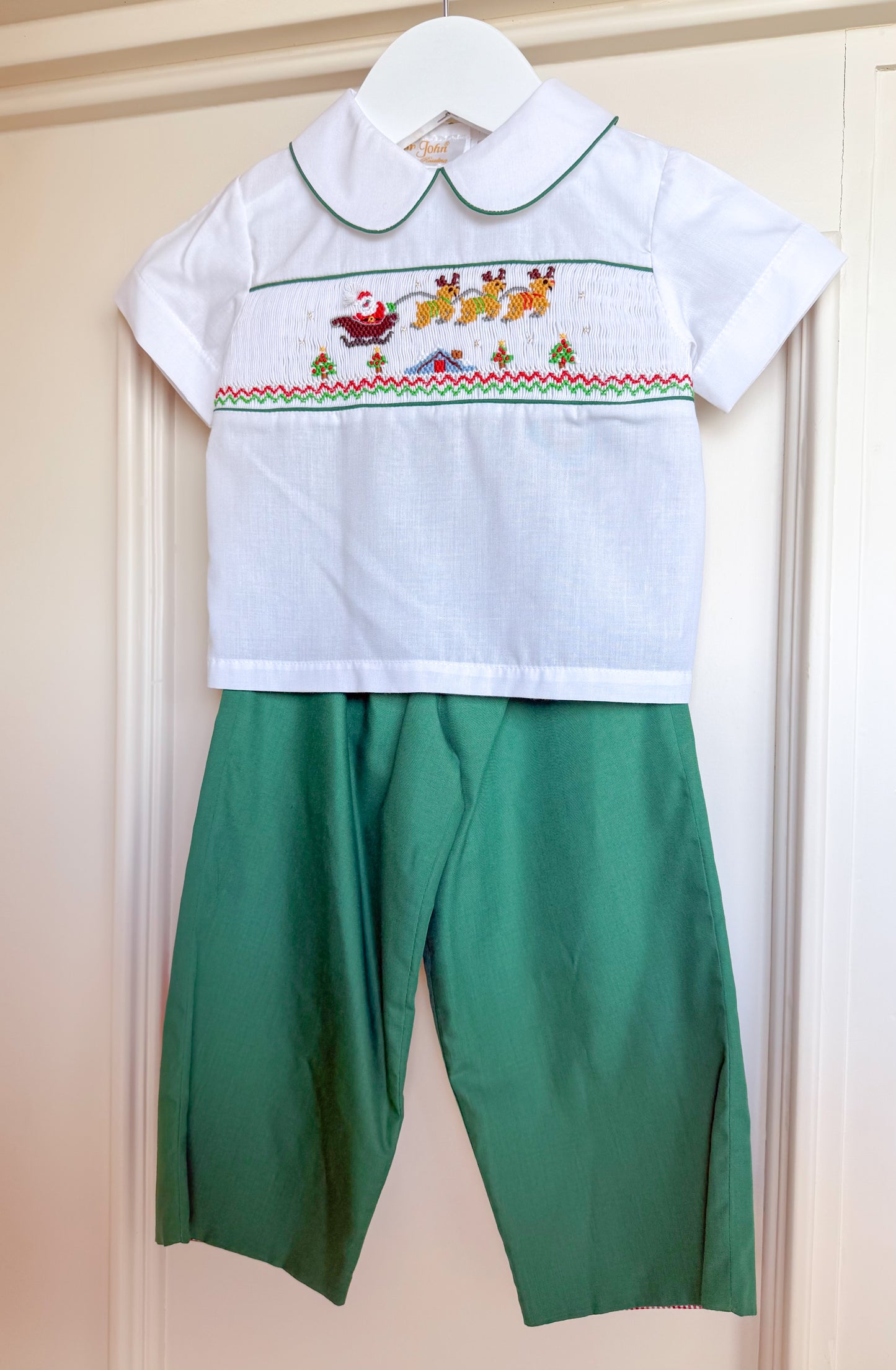 Flying Santa & Reindeer over Rooftop Smocked White Shirt & Green Pants
