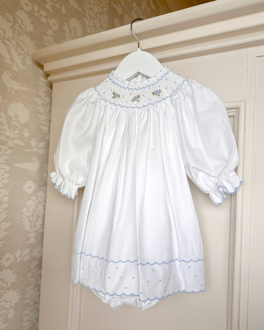 Classic Feston Hand-Smocked Bishop Dress- Light Blue & White