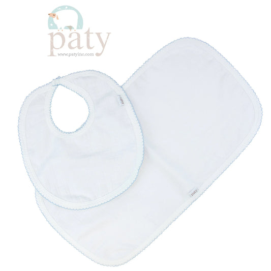 100% Cotton Bib/Burp Cloth Set- Blue Trim
